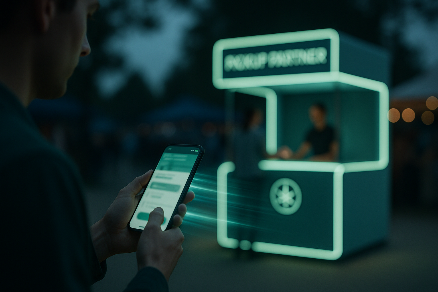 Customer using phone to order cannabis for pickup at event booth with mint motion trails